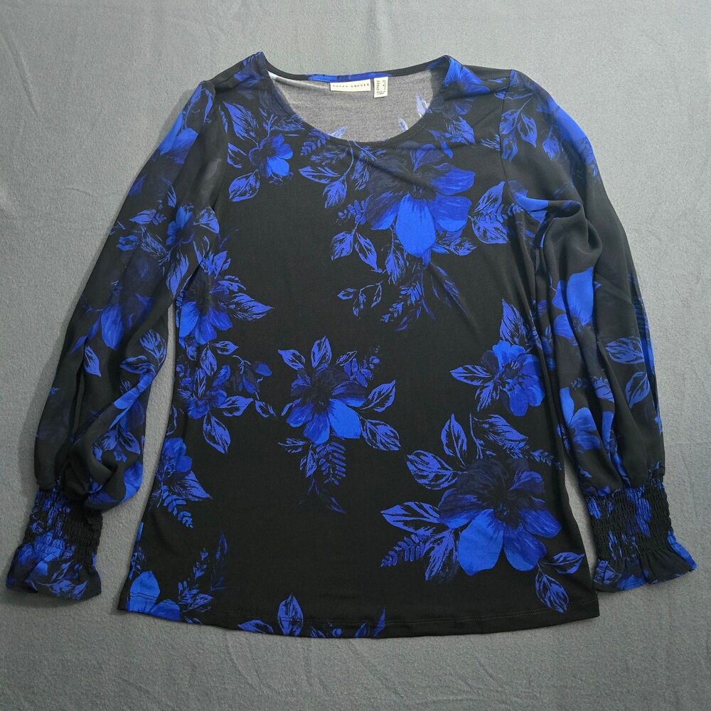 Susan Graver Women XS Black Floral Printed Liquid Knit Tunic Chiffon Sleeves